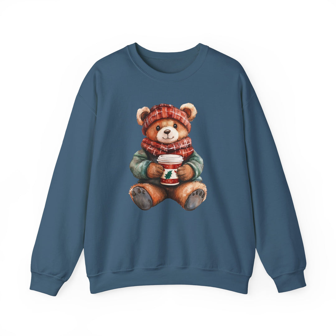 Old Money Bear Crew sweatshirt featuring a teddy bear in plaid hat and scarf, holding a holiday coffee cup, ideal for cozy, stylish winter wear.