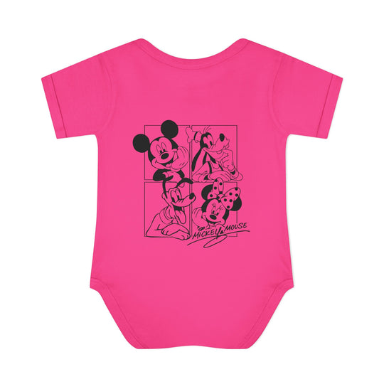 Mickey and CO Onesie, unisex infant bodysuit with lap shoulders, crafted from soft, ring-spun cotton for comfort, featuring practical design for easy dressing.