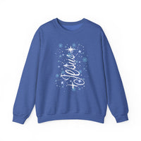 Blue crew-neck sweatshirt with Believe in cursive, adorned with stars and snowflakes, embodying festive spirit. Durable, cozy blend for cold weather. Jesus Tree Crew design.