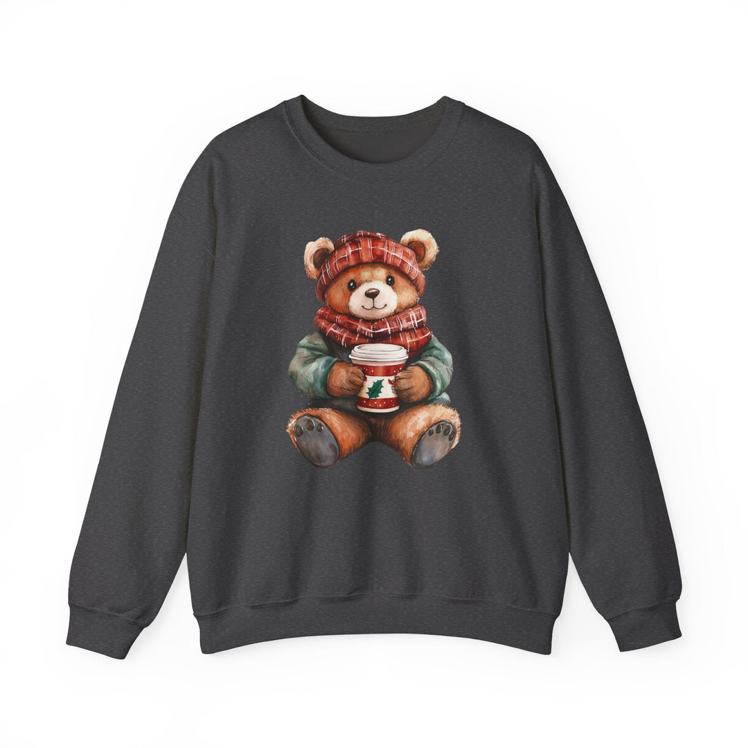 Old Money Bear Crew sweatshirt featuring a teddy bear in a red hat and scarf, holding a holiday coffee cup, offers cozy comfort and durability.