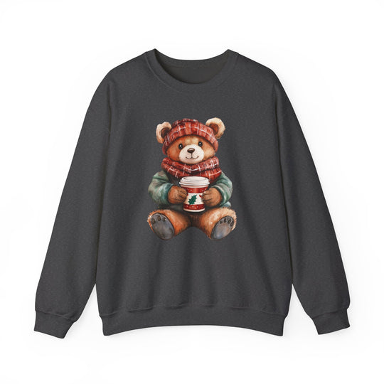 Old Money Bear Crew sweatshirt featuring a teddy bear in a red hat and scarf, holding a holiday coffee cup, offers cozy comfort and durability.