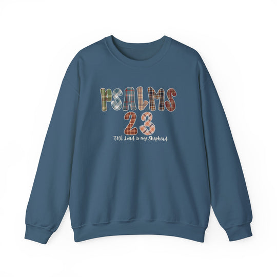 Blue crewneck sweatshirt with PSALMS 23 in plaid font and The Lord is my Shepherd in white script, embodying Faith Family Designs' unique style.