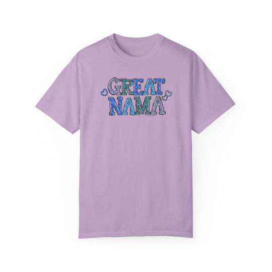 Alt text: Great Nama Tee: Purple t-shirt with blue text, made of 100% ring-spun cotton. Medium weight, relaxed fit, double-needle stitching for durability, seamless design for comfort. From Worlds Worst Tees.