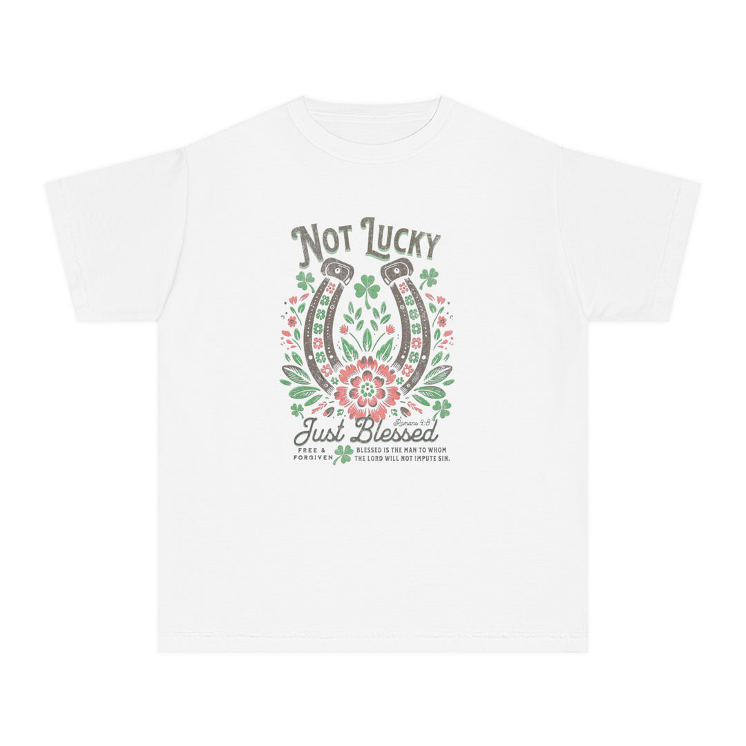 Blessed Tee: White t-shirt with a floral and horseshoe graphic, made from soft-washed, combed ring-spun cotton, designed for kids' active comfort and agility.