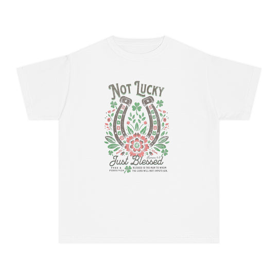 Blessed Tee: White t-shirt with a floral and horseshoe graphic, made from soft-washed, combed ring-spun cotton, designed for kids' active comfort and agility.