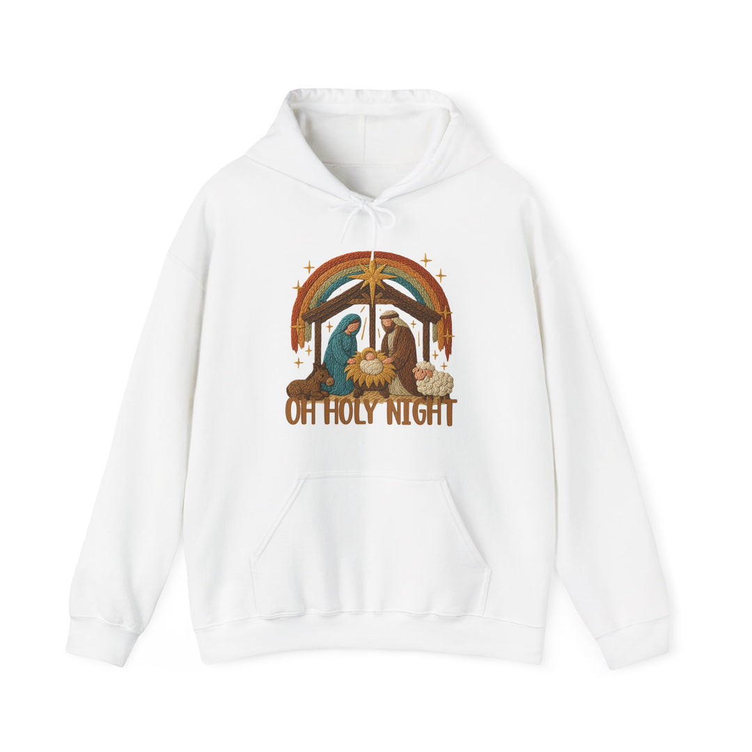 Oh Holy Night Hoodie featuring a stylized Nativity scene with Mary, Joseph, baby Jesus, and animals beneath a star, complemented by a kangaroo pocket and cozy fit.