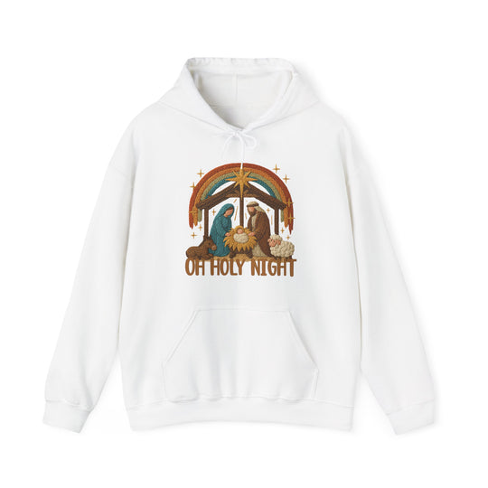 Oh Holy Night Hoodie featuring a stylized Nativity scene with Mary, Joseph, baby Jesus, and animals beneath a star, complemented by a kangaroo pocket and cozy fit.