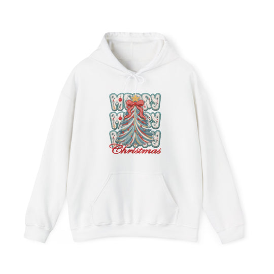 White unisex hoodie featuring a festive Christmas tree graphic with MERRY and Christmas text, designed for warmth and comfort with a kangaroo pocket and drawstring hood.
