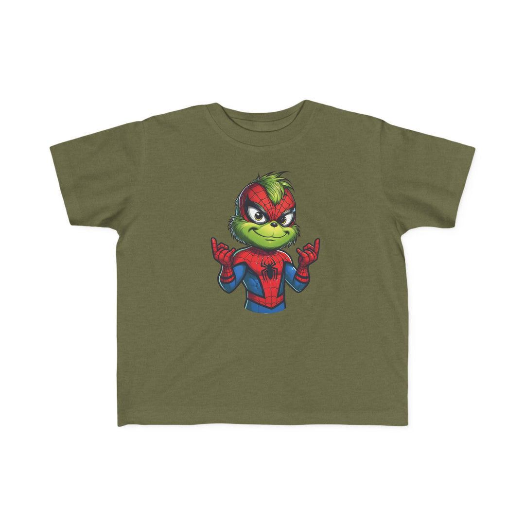 Christmas Spider Toddler Tee featuring a cartoon mash-up character resembling the Grinch in a Spider-Man suit, ideal for toddlers with soft, durable cotton.