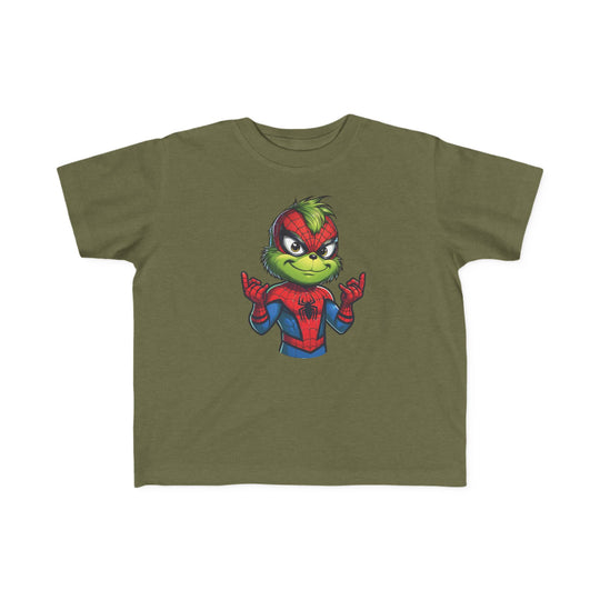 Christmas Spider Toddler Tee featuring a cartoon mash-up character resembling the Grinch in a Spider-Man suit, ideal for toddlers with soft, durable cotton.
