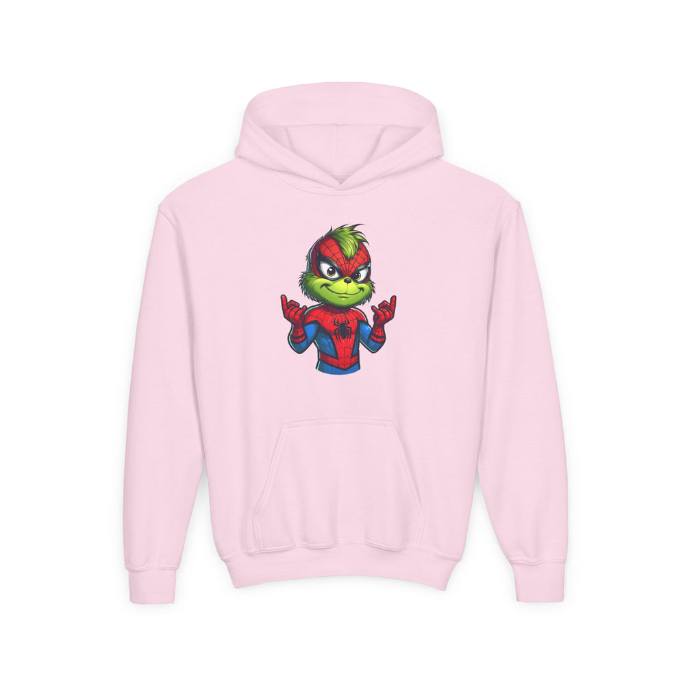 Light-pink youth hoodie featuring a cartoon Grinch in Spider-Man costume, showcasing web-shooting gesture; made of soft fleece with a front kangaroo pocket.