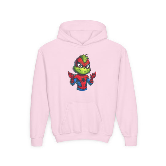 Light-pink youth hoodie featuring a cartoon Grinch in Spider-Man costume, showcasing web-shooting gesture; made of soft fleece with a front kangaroo pocket.