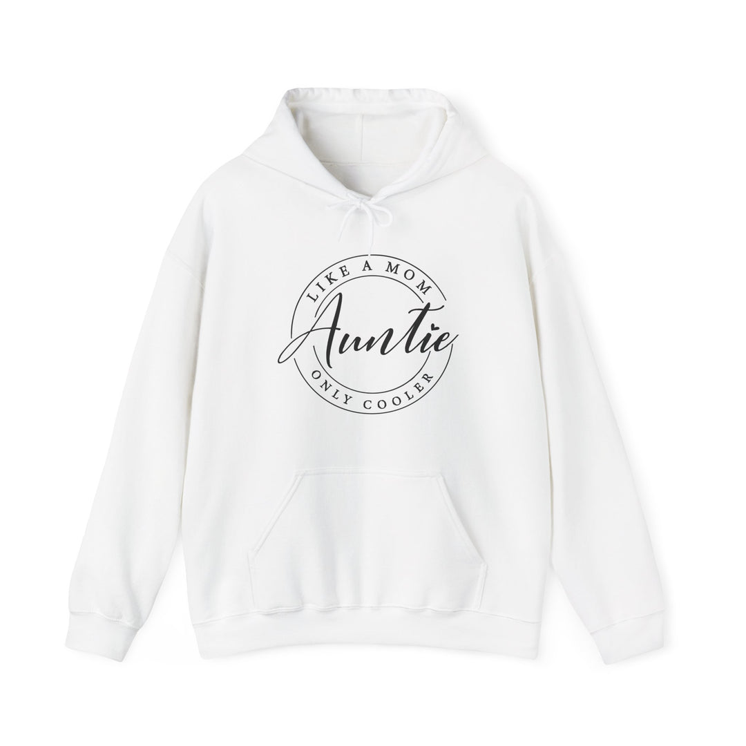 Auntie Hoodie: White sweatshirt with bold black text, featuring a cozy kangaroo pocket and drawstring hood, ideal for comfort and style.