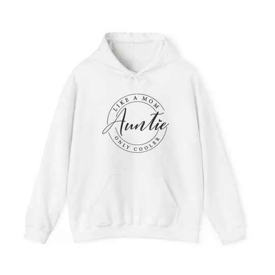 Auntie Hoodie: White sweatshirt with bold black text, featuring a cozy kangaroo pocket and drawstring hood, ideal for comfort and style.