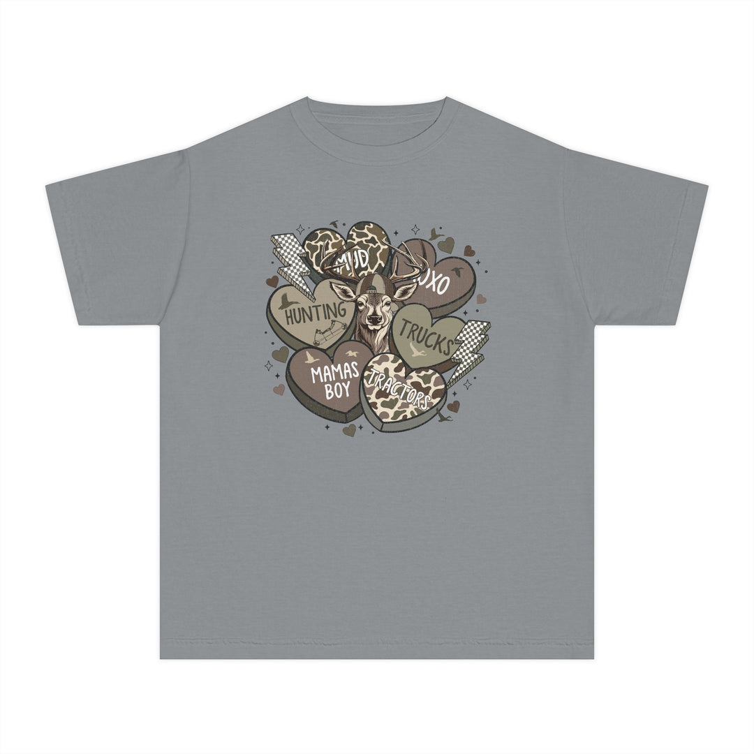 Boy Valentine Kids Tee featuring a deer with a cap and camo heart motifs, perfect for active kids with its soft, durable cotton design.