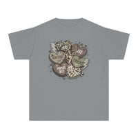 Boy Valentine Kids Tee featuring a deer with a cap and camo heart motifs, perfect for active kids with its soft, durable cotton design.