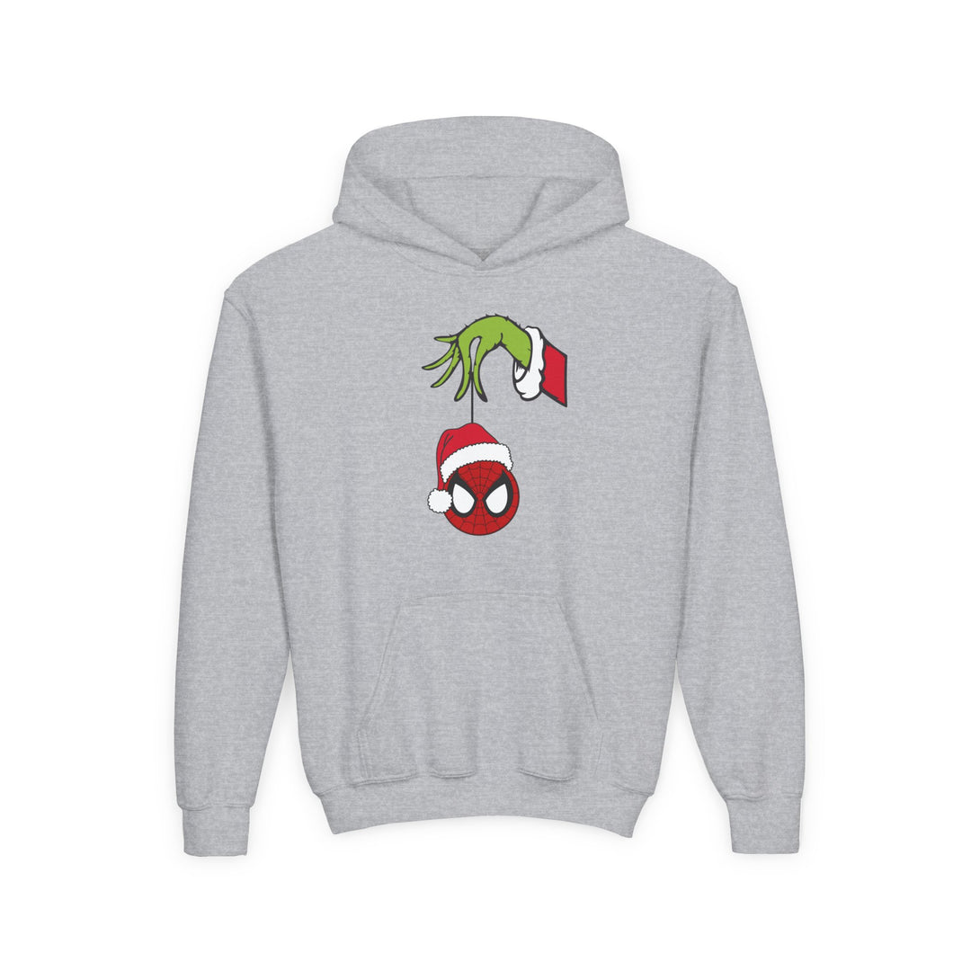 Spider Ball Christmas Youth Hoodie features Grinch's hand with Spider-Man ornament on light-gray fleece, offering soft comfort and practical kangaroo pocket.