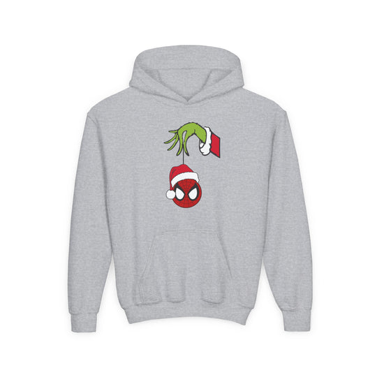 Spider Ball Christmas Youth Hoodie features Grinch's hand with Spider-Man ornament on light-gray fleece, offering soft comfort and practical kangaroo pocket.