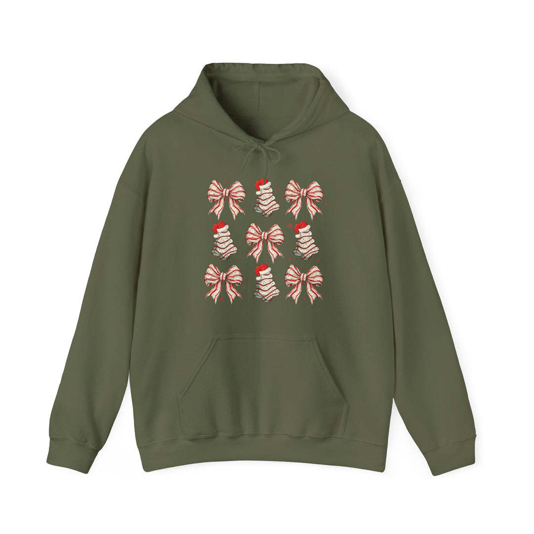 Cookies and Bows Hoodie featuring a festive grid of red bows and Christmas trees, showcased flat with kangaroo pocket and drawstring hood, ideal for cozy holiday wear.