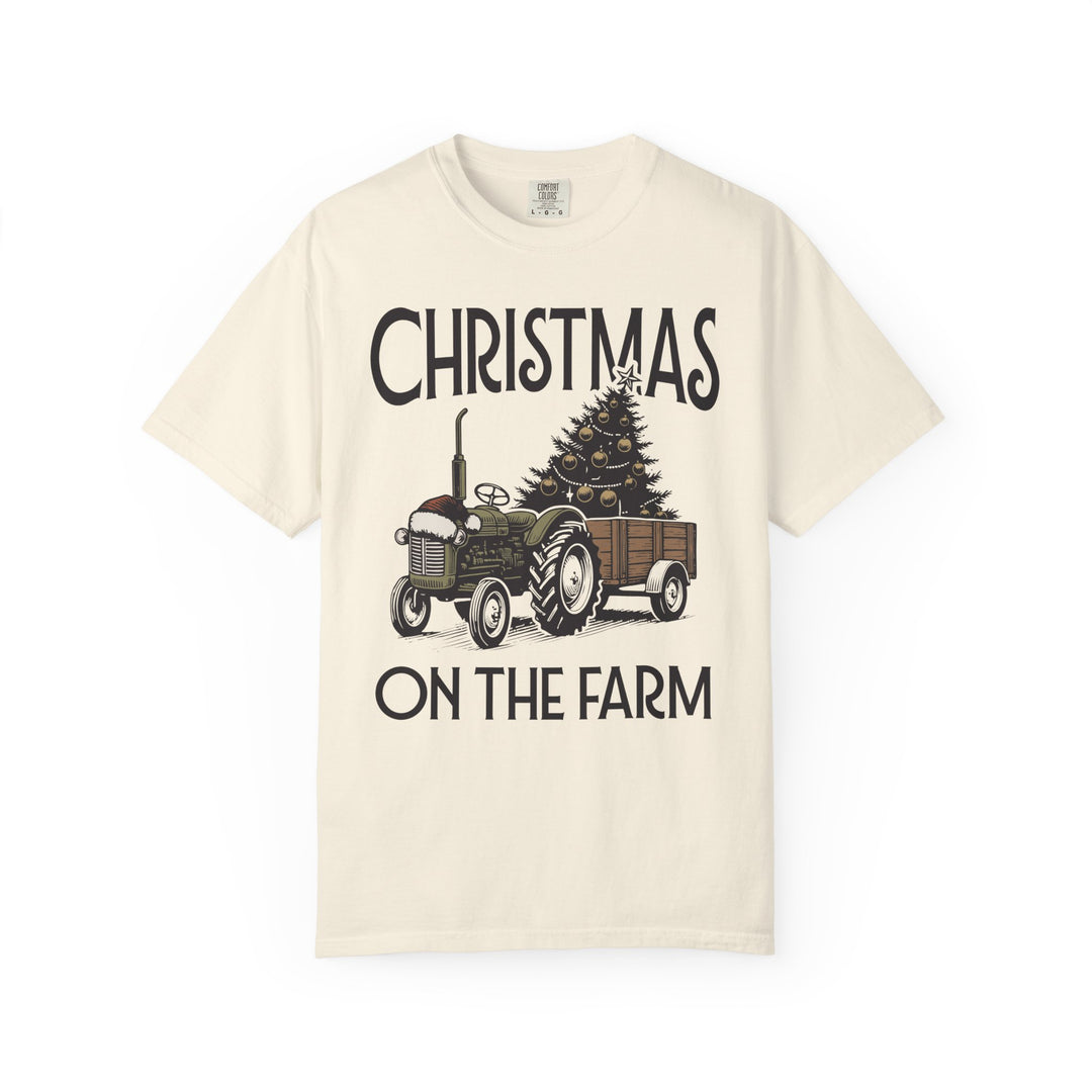 Christmas on the Farm Tee featuring a vintage tractor with a Christmas tree, ideal for casual wear from Faith Family Designs.