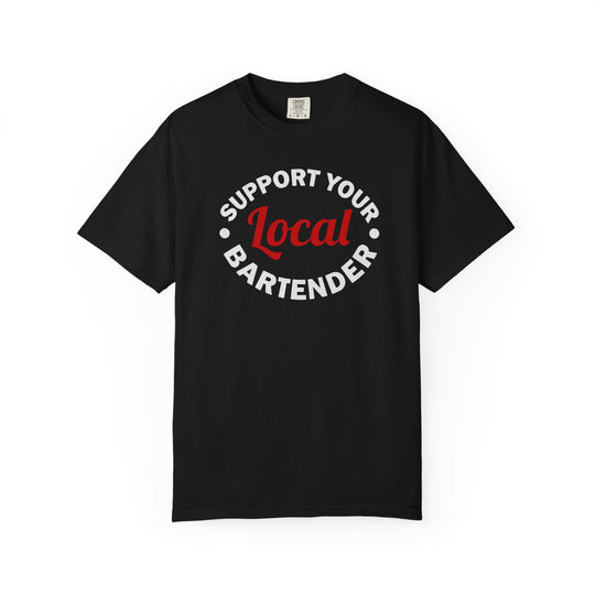 Black Support Your Local Bartender T-shirt with bold lettering and red script, featuring a relaxed fit and durable construction from Comfort Colors.