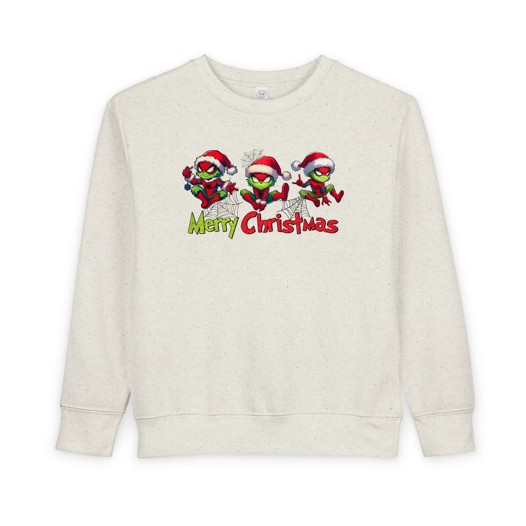 Spider Toddler Crew sweatshirt with cartoon creatures in Santa hats swinging on webs, and Merry Christmas slogan. Cozy, durable fleece for toddlers.