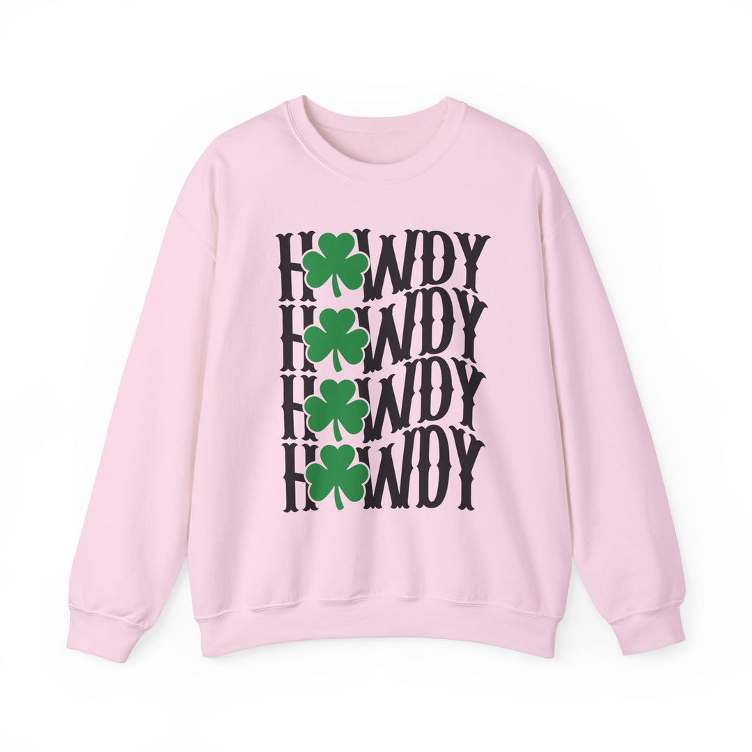 Howdy Lucky Crew pink sweatshirt featuring black text and green clovers, made of a comfortable polyester-cotton blend, with ribbed collar and no side seams.