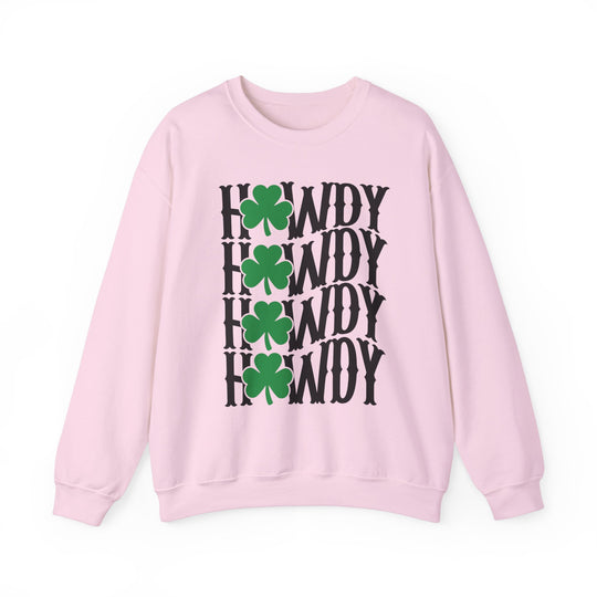 Howdy Lucky Crew pink sweatshirt featuring black text and green clovers, made of a comfortable polyester-cotton blend, with ribbed collar and no side seams.
