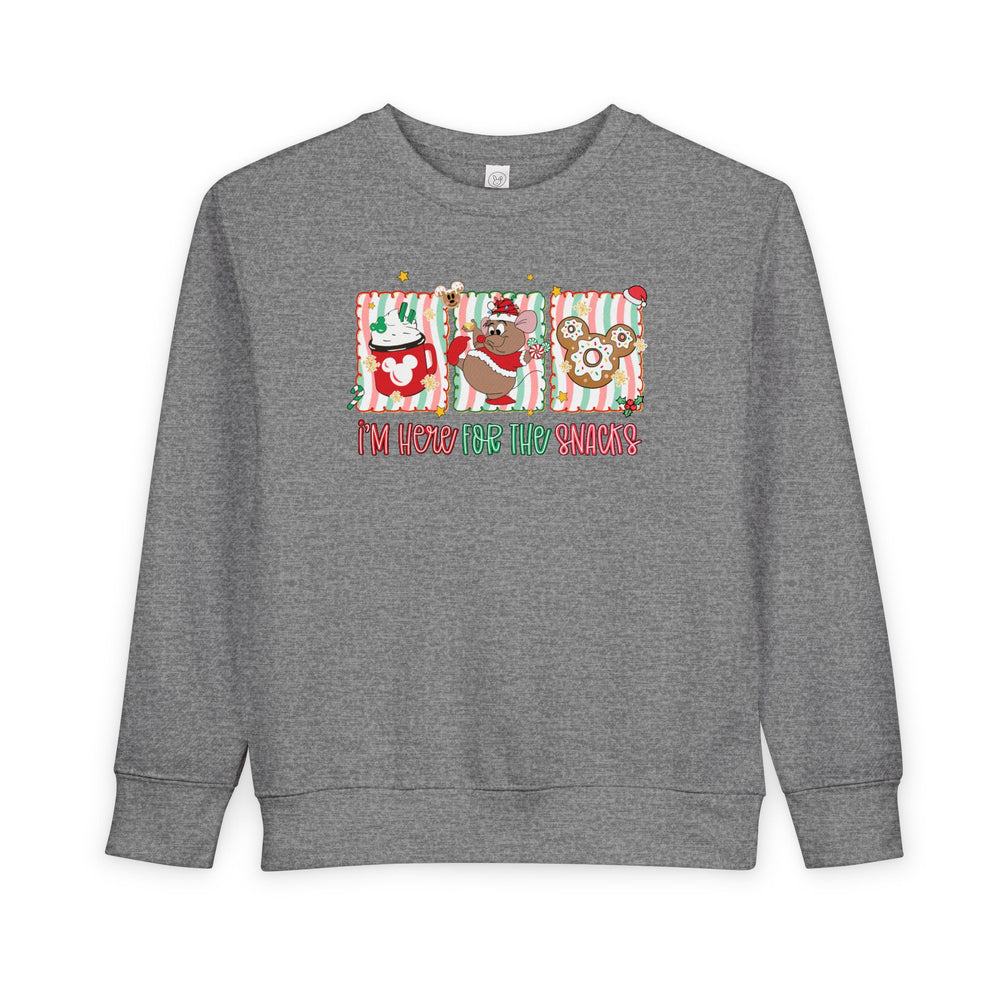 Here for the Snacks Toddler Crew: Light-grey sweatshirt with festive Mickey-ear style holiday snack graphics and I’m here for the snacks in red and green lettering.