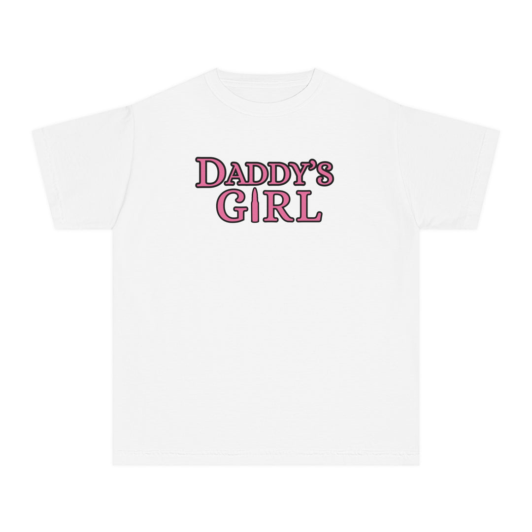 Daddy's Girl Kids Tee featuring pink text on a white t-shirt, designed for comfort and agility with 100% combed ringspun cotton and a classic fit.