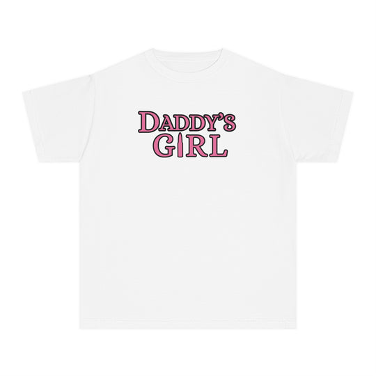 Daddy's Girl Kids Tee featuring pink text on a white t-shirt, designed for comfort and agility with 100% combed ringspun cotton and a classic fit.