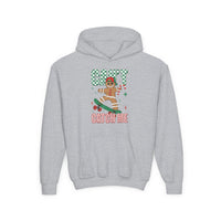 Can't Catch Me Youth Hoodie featuring a skateboard-riding gingerbread man with a candy cane, vibrant CAN'T CATCH ME text, and a cozy kangaroo pocket.