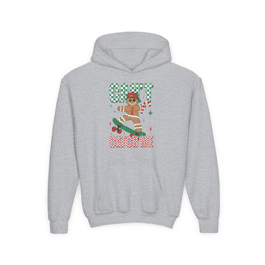 Can't Catch Me Youth Hoodie featuring a skateboard-riding gingerbread man with a candy cane, vibrant CAN'T CATCH ME text, and a cozy kangaroo pocket.