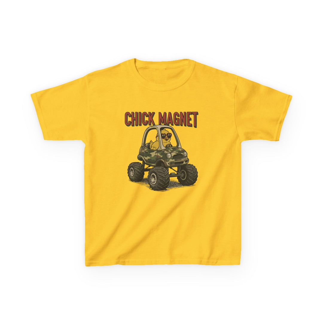 Chick Magnet Kids Tee featuring a cartoon baby chick in heart sunglasses driving a camo monster truck, on a bright yellow background. Perfect for everyday wear.
