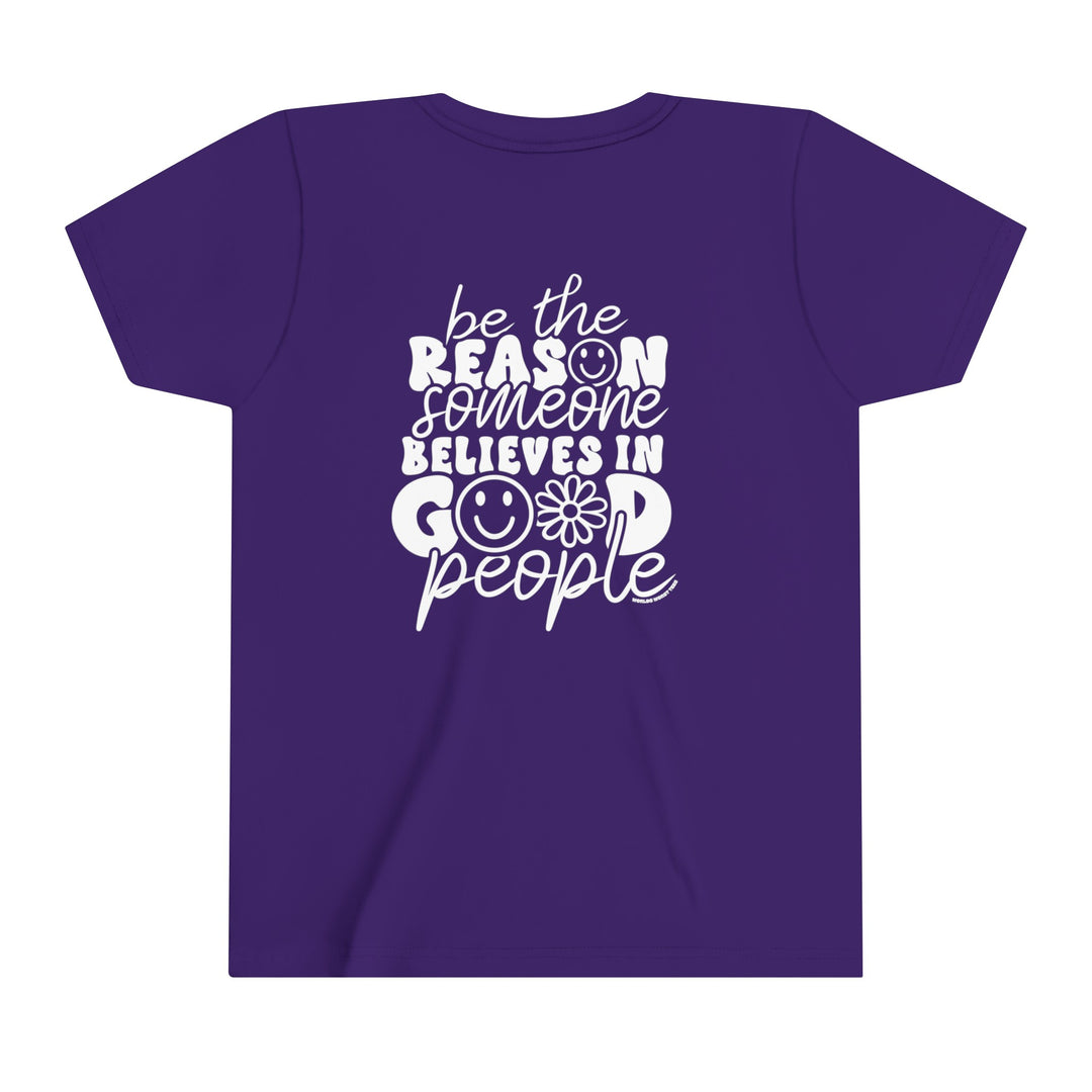 Youth short sleeve tee with white text design, ideal for kids. Lightweight, ring-spun cotton for comfort. Retail fit, tear away label. Be the Reason Kids Tee by Worlds Worst Tees.