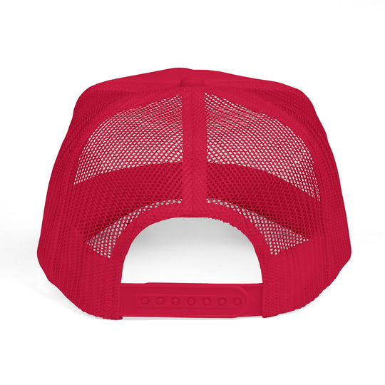 Rear view of Be Kind Foam Trucker Hat (Embroidery) showing red mesh panels and adjustable plastic snap closure, perfect for custom embroidery.