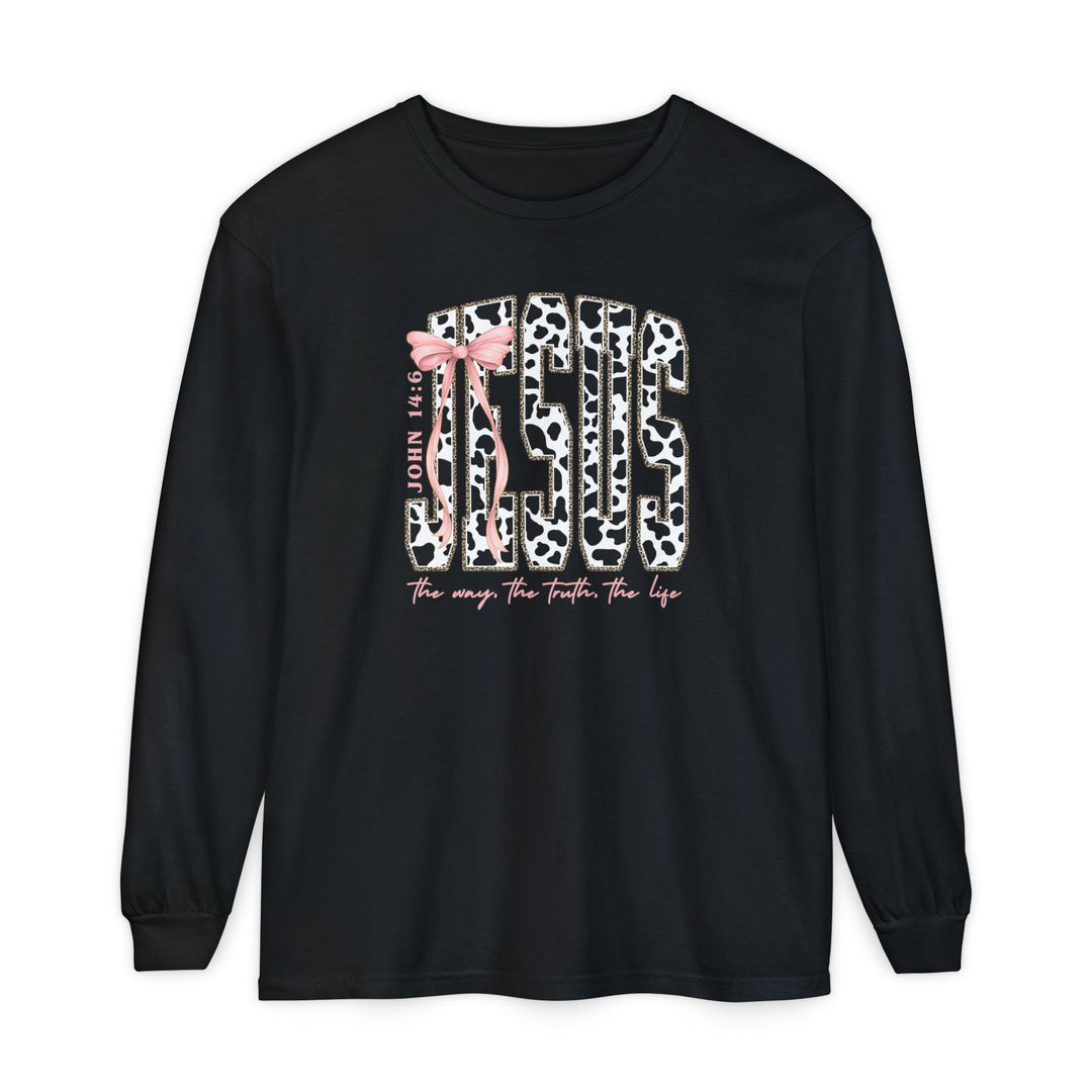 John 14:6 Long Sleeve Tee featuring a cow-print JESUS design with pink accents, crafted from 100% ring-spun cotton for comfort and style.