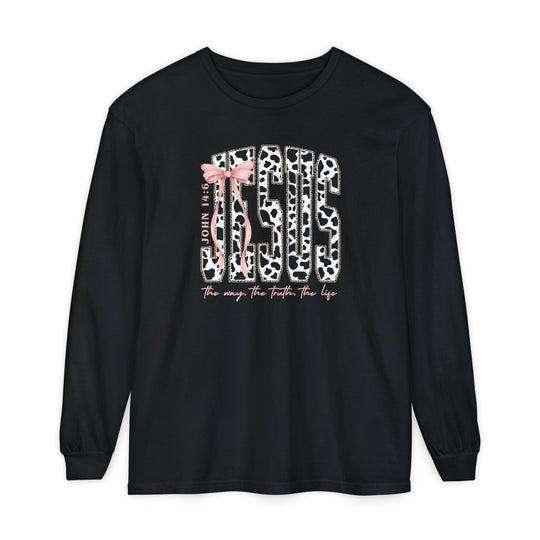 John 14:6 Long Sleeve Tee featuring a cow-print JESUS design with pink accents, crafted from 100% ring-spun cotton for comfort and style.