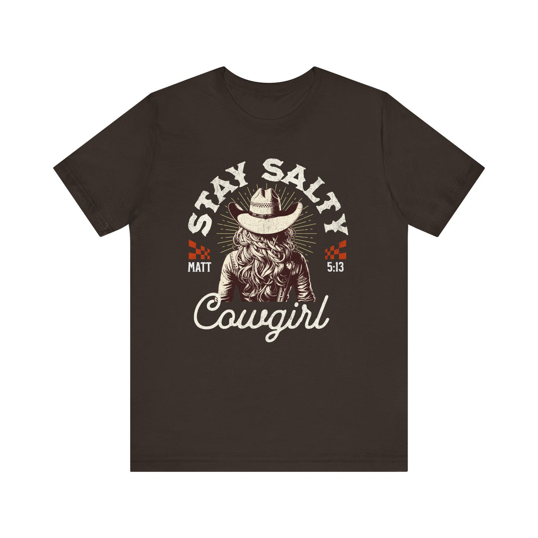 Stay Salty Tee featuring a cowboy hat graphic on a brown short sleeve, unisex fit. Soft cotton material with ribbed knit collars and reinforced seams.