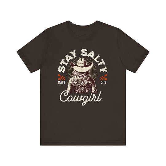 Stay Salty Tee featuring a cowboy hat graphic on a brown short sleeve, unisex fit. Soft cotton material with ribbed knit collars and reinforced seams.