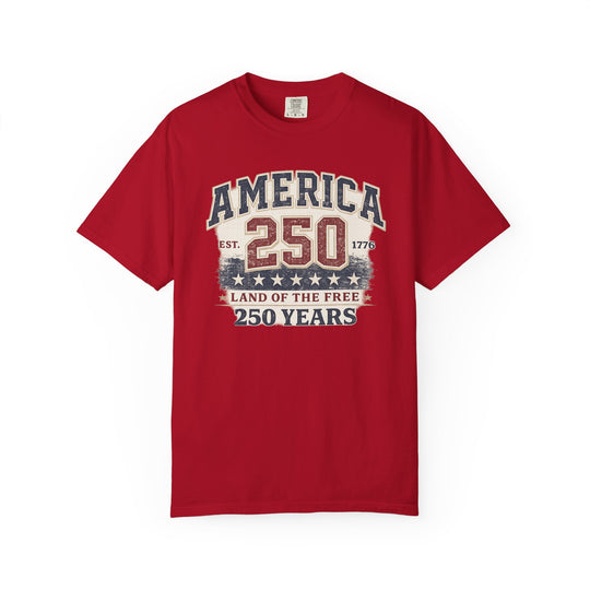 America 250 Years Tee, featuring a vintage patriotic print with AMERICA 250 and LAND OF THE FREE, perfect for showcasing national pride.