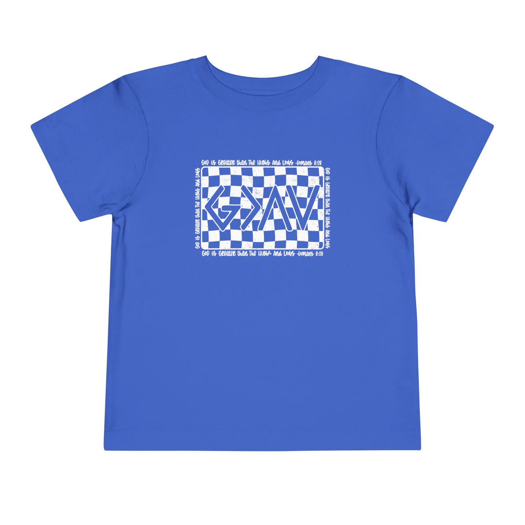 Gods Highs and Lows Toddler Tee features a blue design with white text, crafted from soft, 100% Airlume cotton for ultimate comfort.