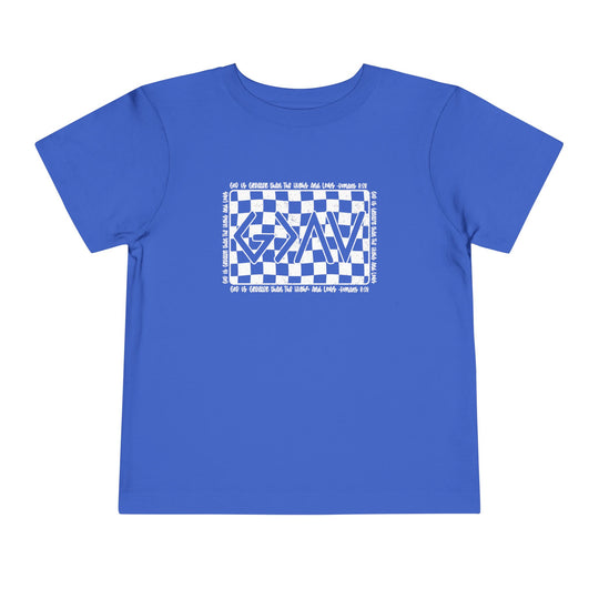 Gods Highs and Lows Toddler Tee features a blue design with white text, crafted from soft, 100% Airlume cotton for ultimate comfort.