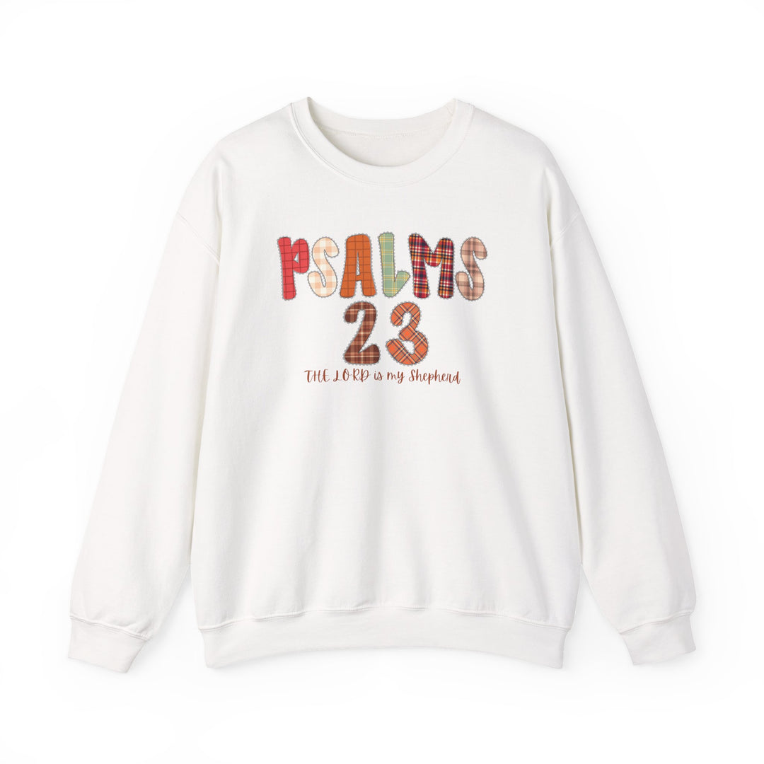 White crew-neck sweatshirt with PSALMS 23 in colorful patchwork and The Lord is my Shepherd underneath, from Faith Family Designs' cozy collection.