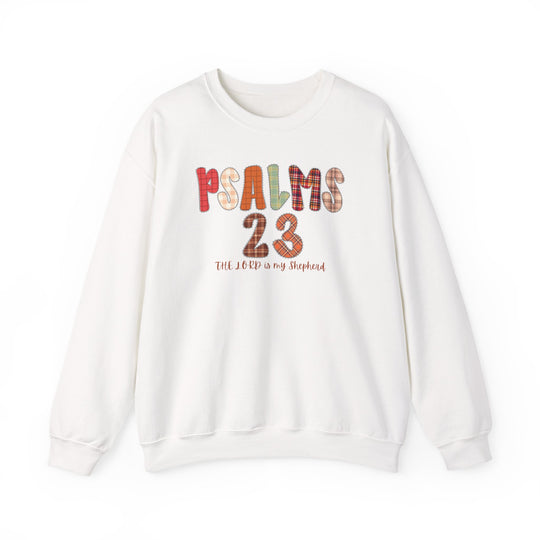 White crew-neck sweatshirt with PSALMS 23 in colorful patchwork and The Lord is my Shepherd underneath, from Faith Family Designs' cozy collection.