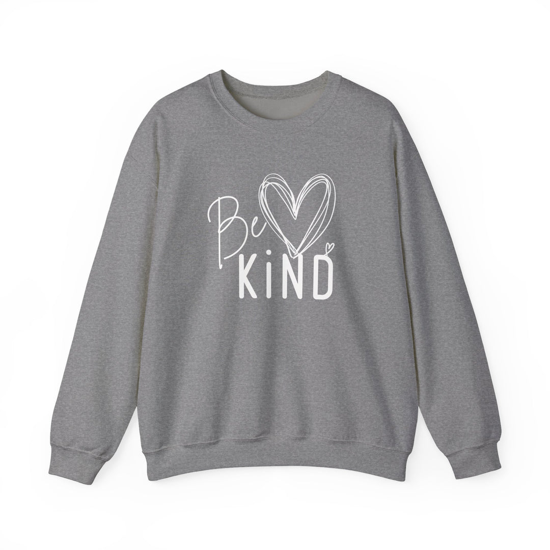Grey crewneck sweatshirt with Be KIND graphic, featuring cursive Be and heart-dotted i; cozy cotton-polyester blend, ideal for cold weather.