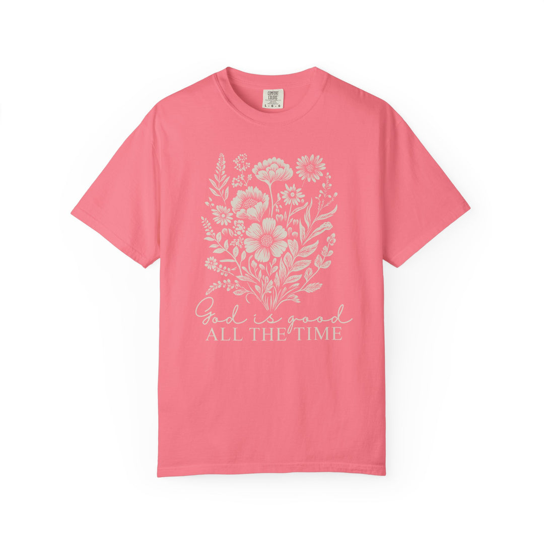God is Good All the Time Tee, garment-dyed, ring-spun cotton, relaxed fit. Features double-needle stitching and tubular shape, ideal for daily wear.