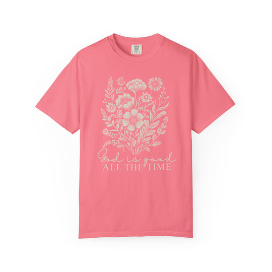 God is Good All the Time Tee, garment-dyed, ring-spun cotton, relaxed fit. Features double-needle stitching and tubular shape, ideal for daily wear.