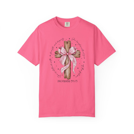 Proverbs 31:25 Tee featuring a wooden cross with a pink ribbon bow and inspirational scripture, designed for comfort in a ladies’ cut, size Large.