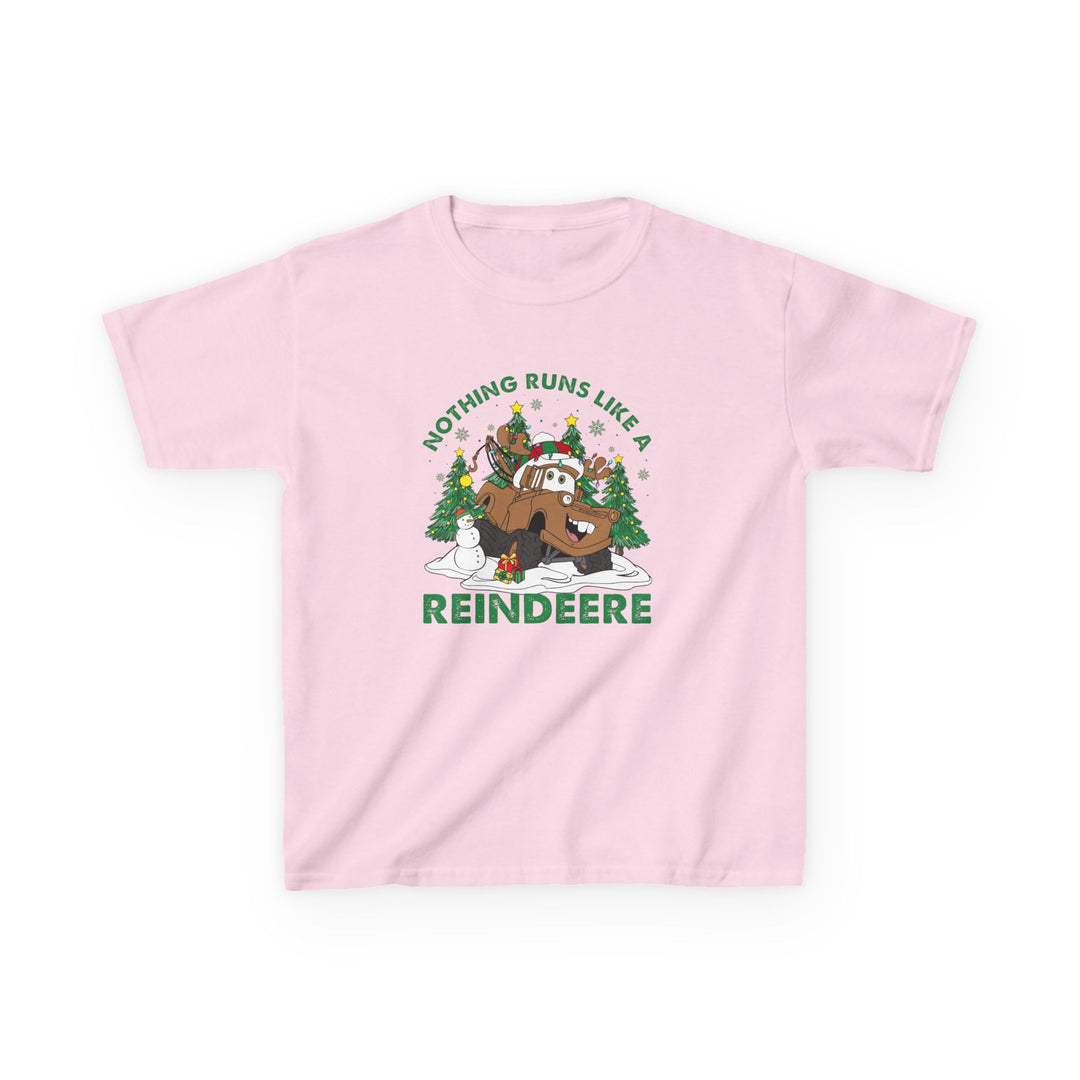 Reindeere Kids Tee featuring a festive reindeer-style vehicle with antlers, surrounded by Christmas trees, snowman, and presents. Perfect for everyday wear with durable cotton fabric.